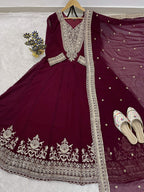 Teeya Creation Maroon Color Faux Georgette Embroidery Work Long Party Wear Gown