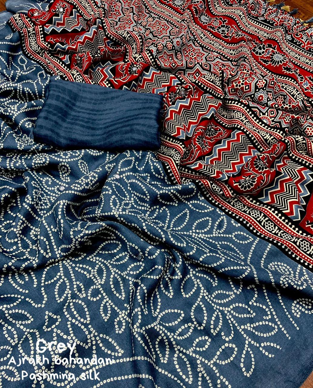 Grey Silk Blend Ajrak Saree with Unstitched Blouse - Hiral Fashion