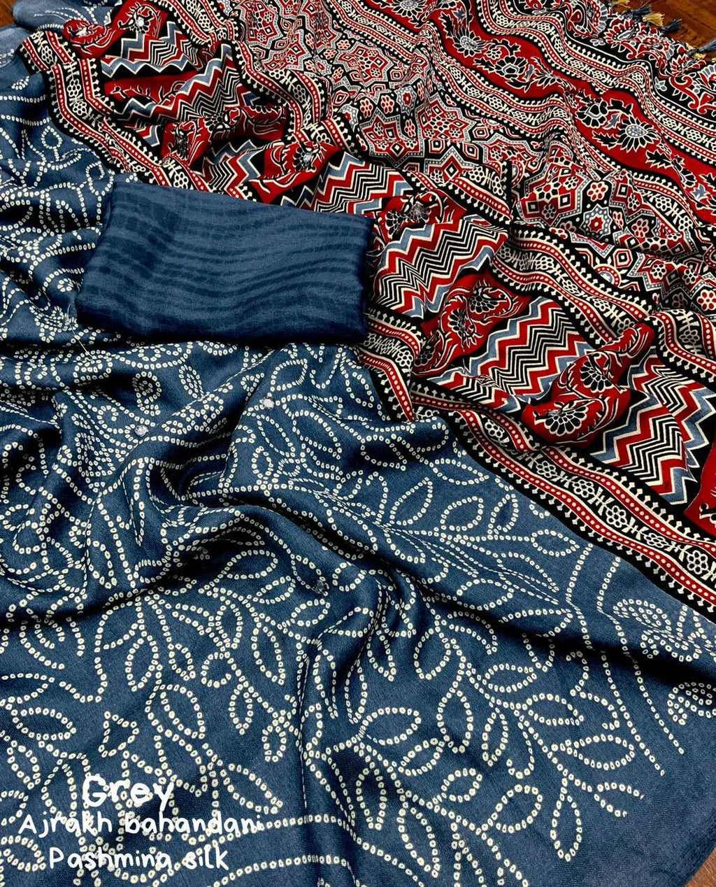 Grey Silk Blend Ajrak Saree with Unstitched Blouse - A2M