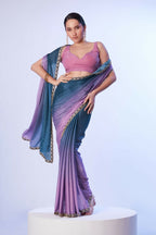 Teal Blue Chinon Solid Designer & Lace Work Saree - Samaa