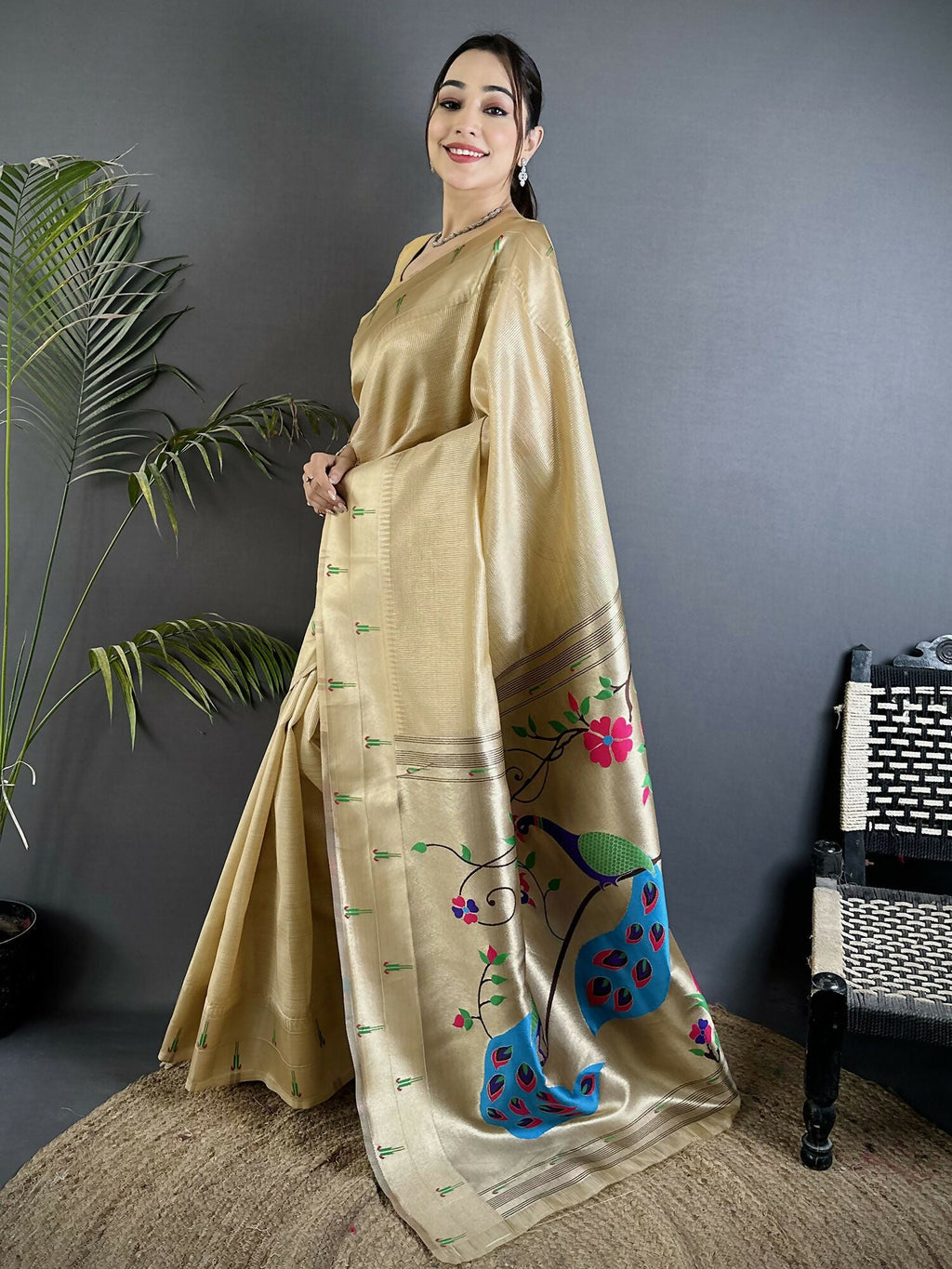 Joban Fashion Ivory Peacock & Floral Motifs Tissue Paithani Saree - Distacart