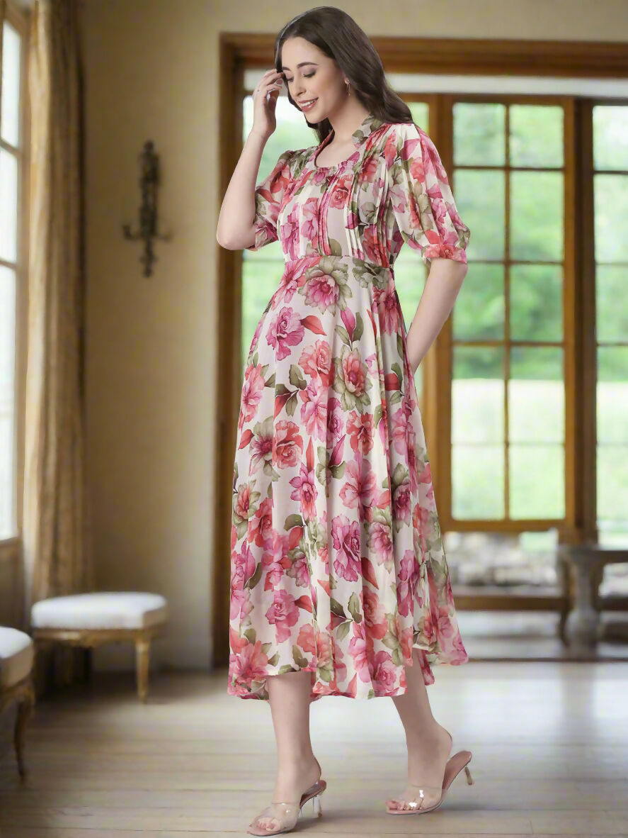 Souchii Cream Floral Chiffon Dress