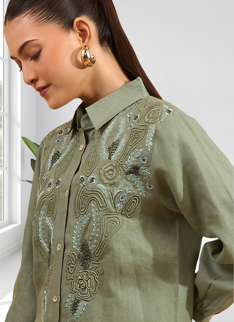 Joban Fashion Pista Green Linen Embroidered Readymade Cord Set - Distacart