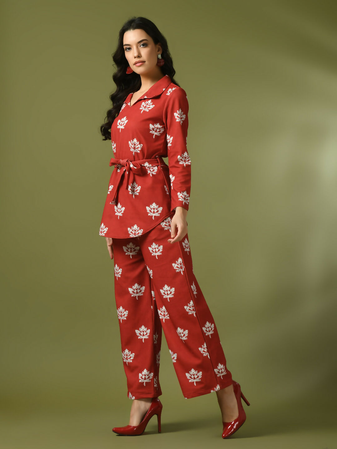 Myshka Women's Rust Printed Polo Collar Party Top With Trousers Co-ord set