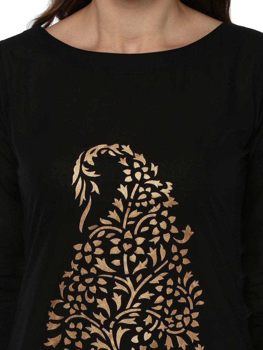 Ahalyaa Black Chanderi Gold Print Kurta - Distacart