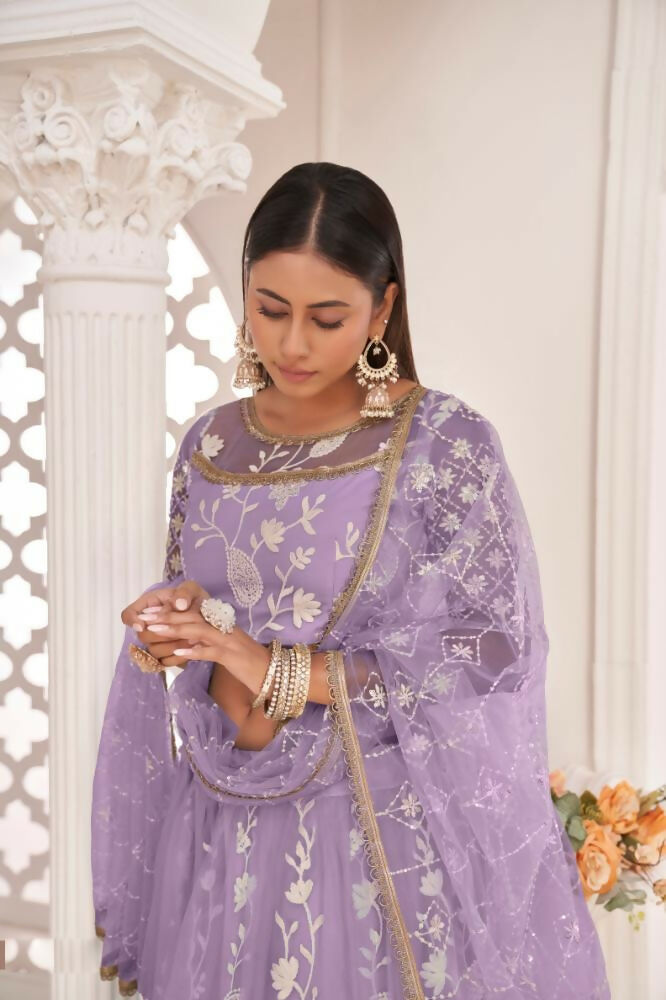 Aastha Fashion Lavender Butterfly Net White Cotton Thread Work, Zari Work And Sandwich Sequence Work Embroidery Wedding Wear Lehenga Choli
