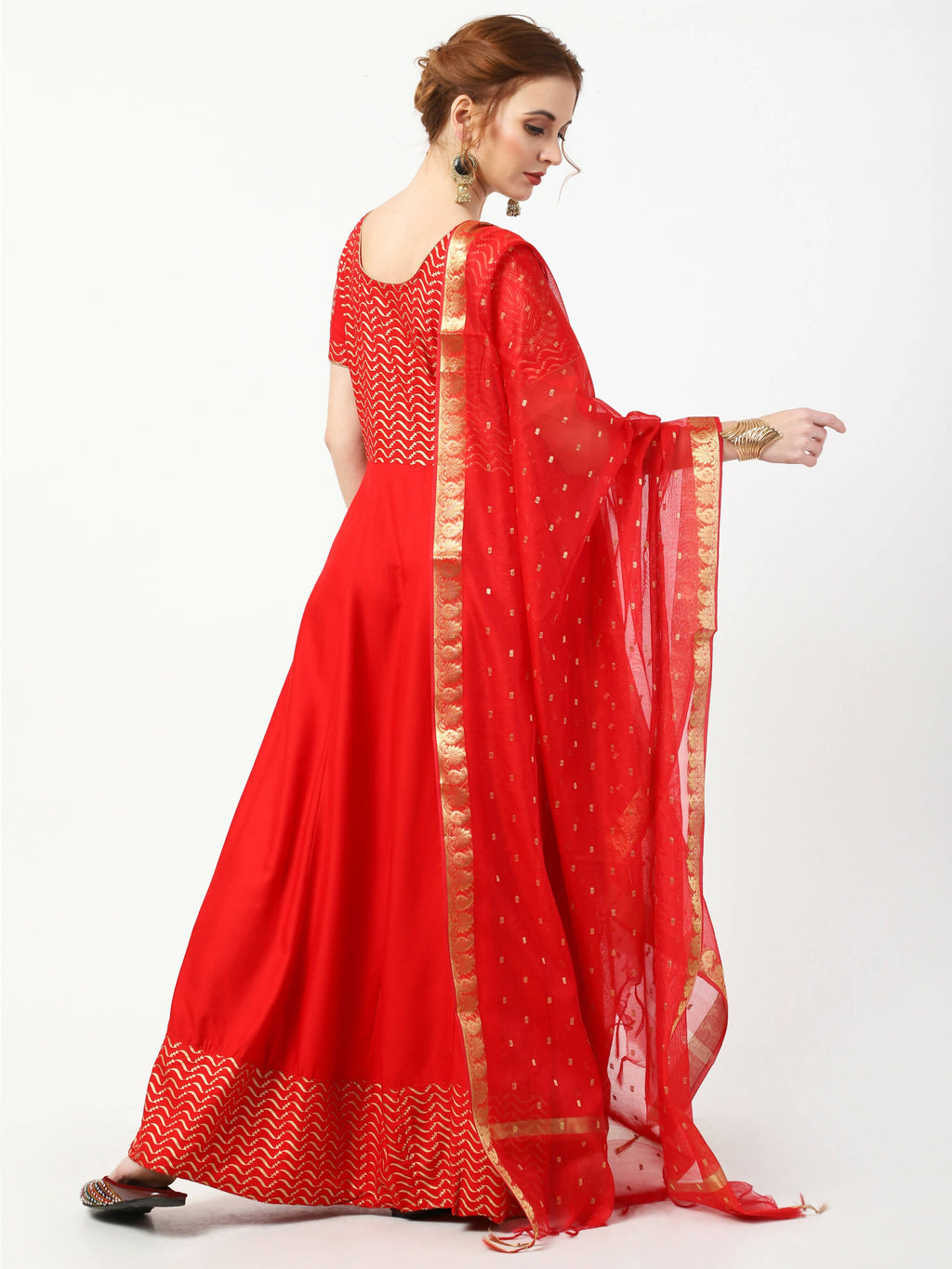 Cheera Women's Red Chanderi Silk & Rayon Hand Block Print Long Dress With Silk Dupatta Set