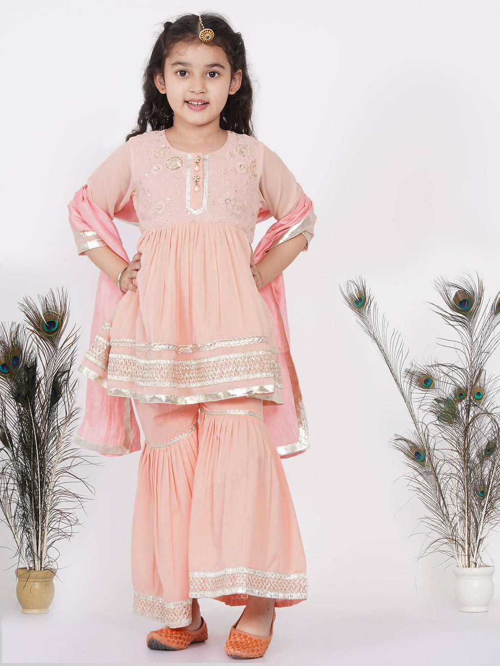 Little Bansi Girls Cotton Gotta Patti Kurta frock with Sharara & Dupatta - Peach