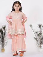 Little Bansi Girls Cotton Gotta Patti Kurta frock with Sharara & Dupatta - Peach