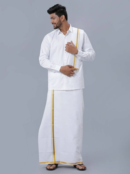 Ramraj Cotton Premium Wedding White Readymade Dhoti, Shirt & Towel Set Dhanvanthri