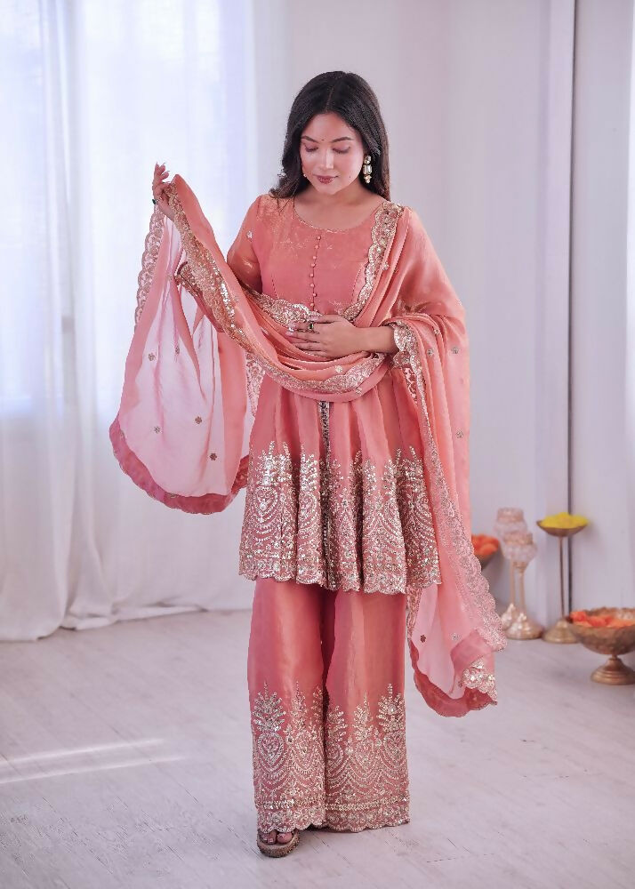 Teeya Creation Peach Color Fendy Satin Silk Embroidery Work Party Wear Salwar Suit - Distacart