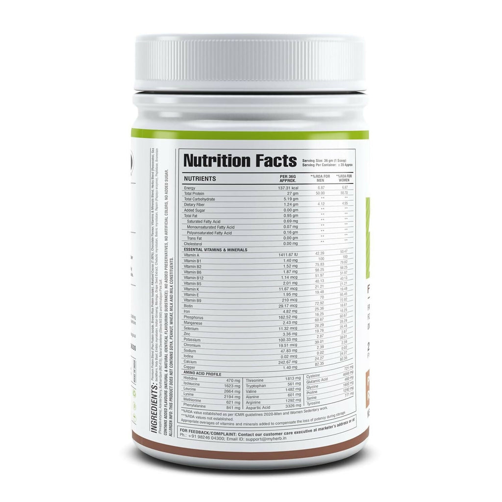 Myherb Plant Protein Powder, Pea And Brown Rice Protein Powder - Chocolate Flavour - Distacart