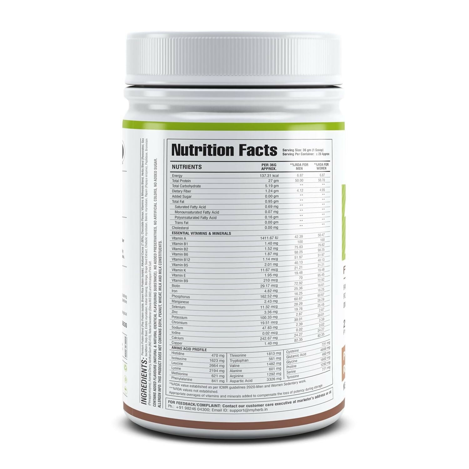 Myherb Plant Protein Powder, Pea And Brown Rice Protein Powder - Chocolate Flavour - Distacart