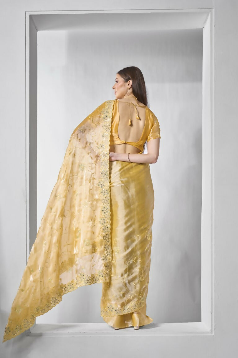 Yellow Burburry silk Designer Embroidery Work Saree - Shezlin