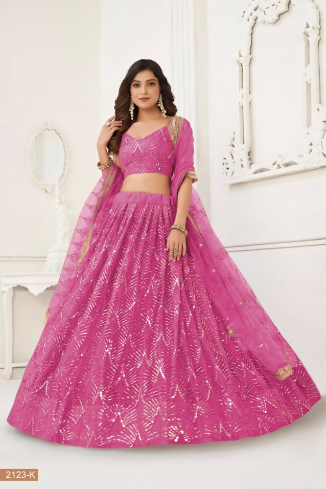 Aastha Fashion Pink Butterfly Net Tone To Tone Thread Work, Sequence Work And Original Mirror Work Embroidery Wedding Wear Lehenga Choli