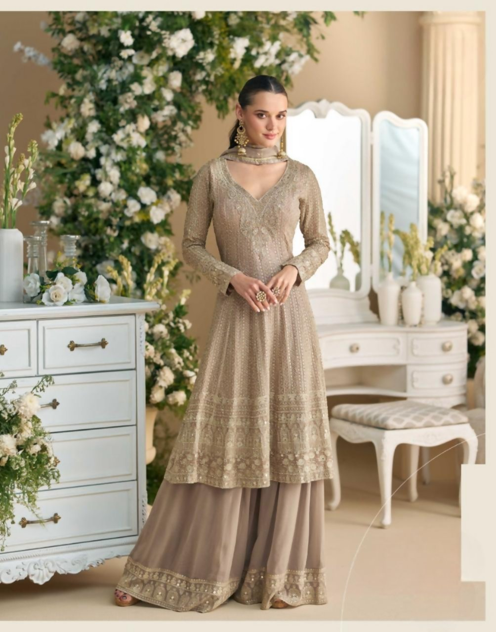 Anaita Beige Heavy Georgette Stitched Suit with Sequence & Diamond work - Distacart