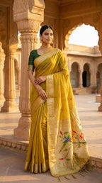 Vastranavya Yellow Muga Cotton Meenakari & Munia Weaving Pallu Saree with Contrast Blouse - Distacart