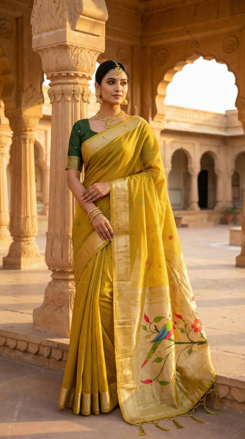 Vastranavya Yellow Muga Cotton Meenakari & Munia Weaving Pallu Saree with Contrast Blouse - Distacart