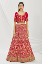 Red Velvet Semi-Stitched Wedding Bridal Lehenga - Nimaya