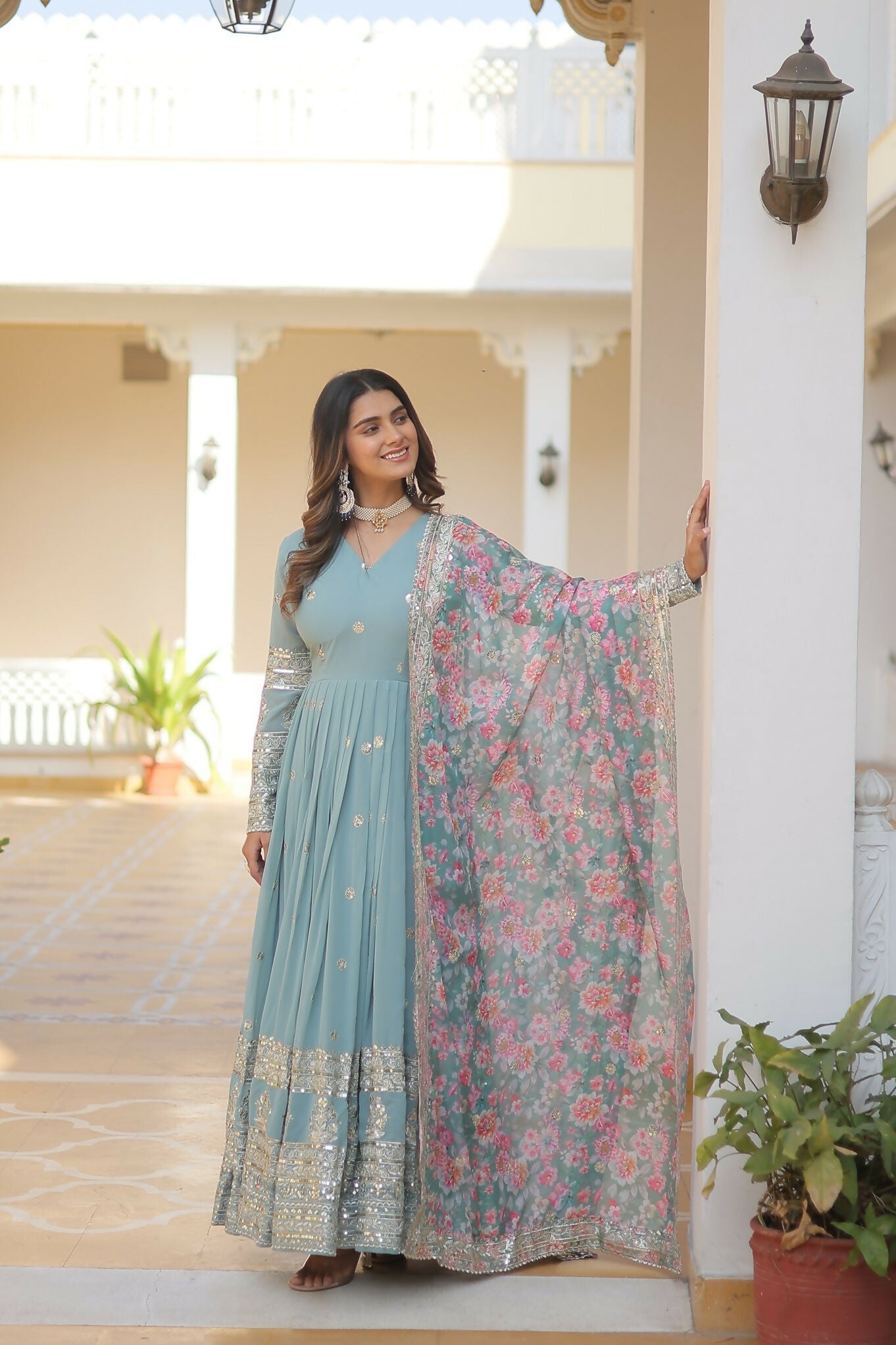 Joban Fashion Sky Blue Georgette Sequence Embroidery Work Kurta Set - Distacart