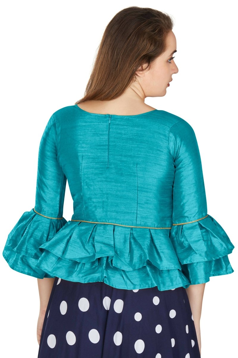 Aastha Fashion Women's Firozi Art Silk Bell Sleeves attire with Poly Cotton Lining Blouse