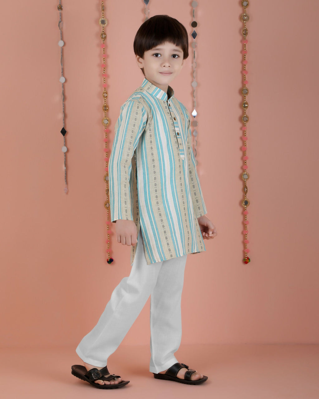 Joban Fashion Kids Island Cotton Full Sleeves Striped Kurta and Pyjama- Blue