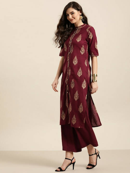 Women Maroon & Golden Pure Cotton Printed Kurta with Palazzos - Vishwa