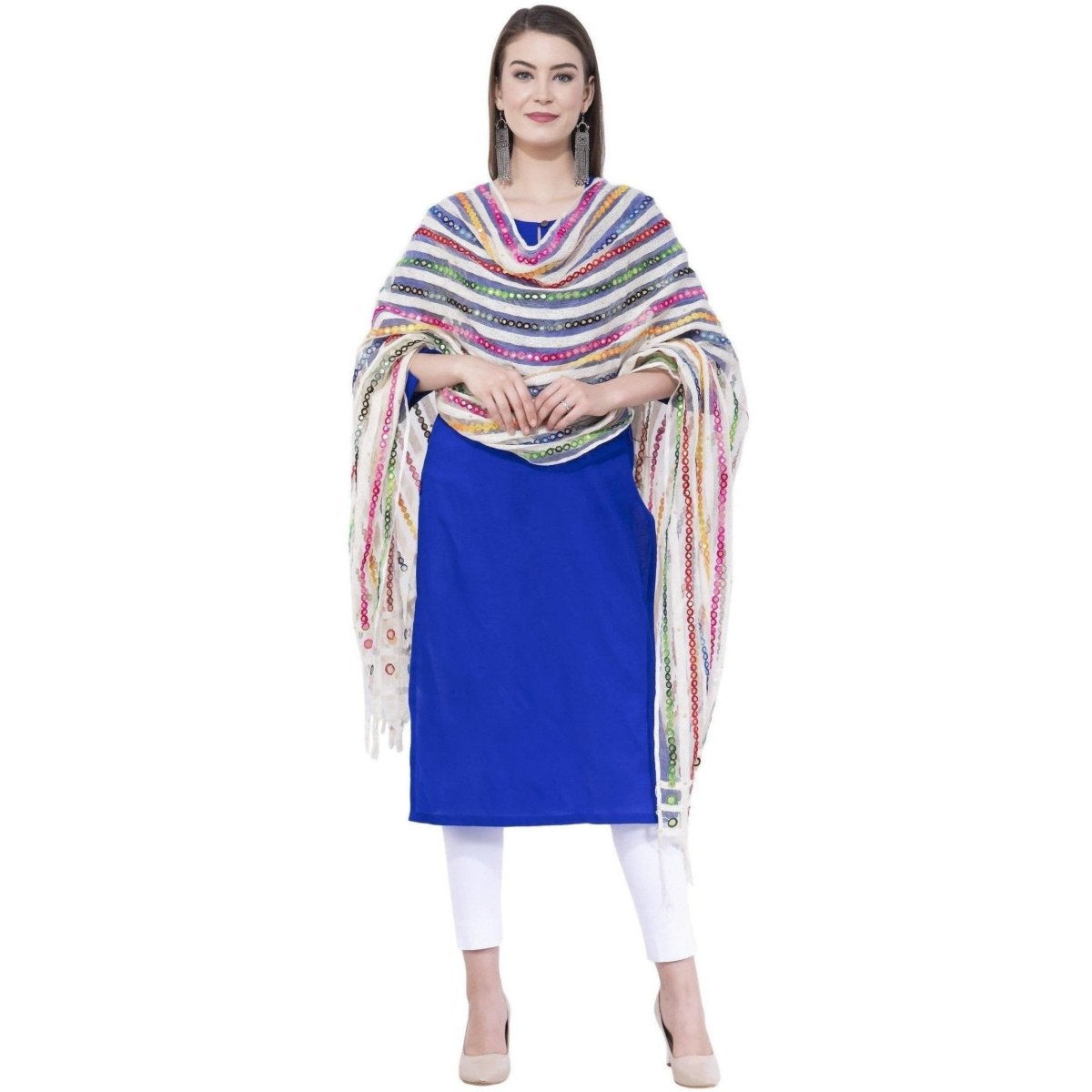 A R Silk Women's Multi Thread Work Orgenza Cotton White Dupattas and Chunnis