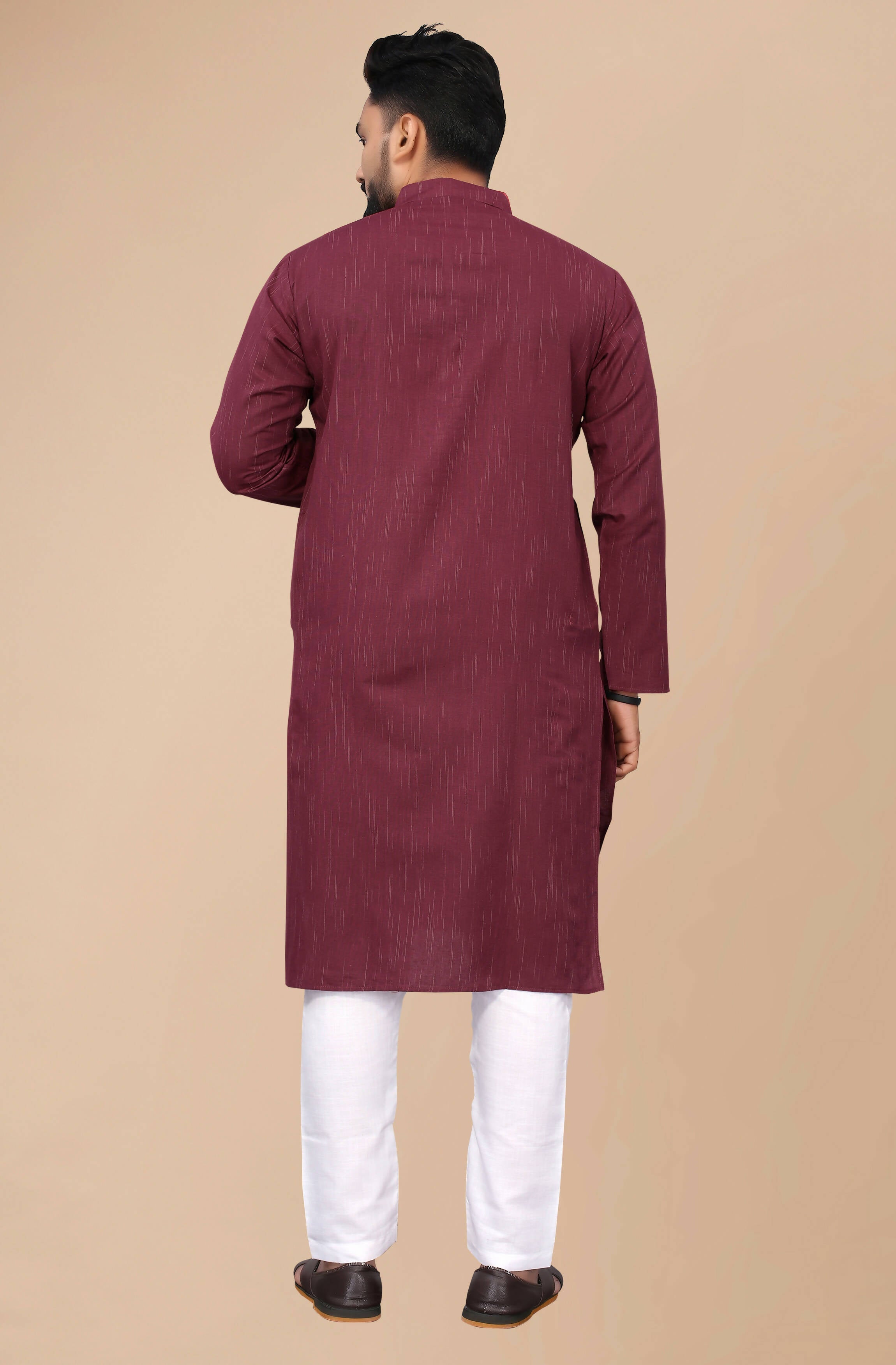 Men's Burgundy Striped Cotton Kurta - Mahotsav