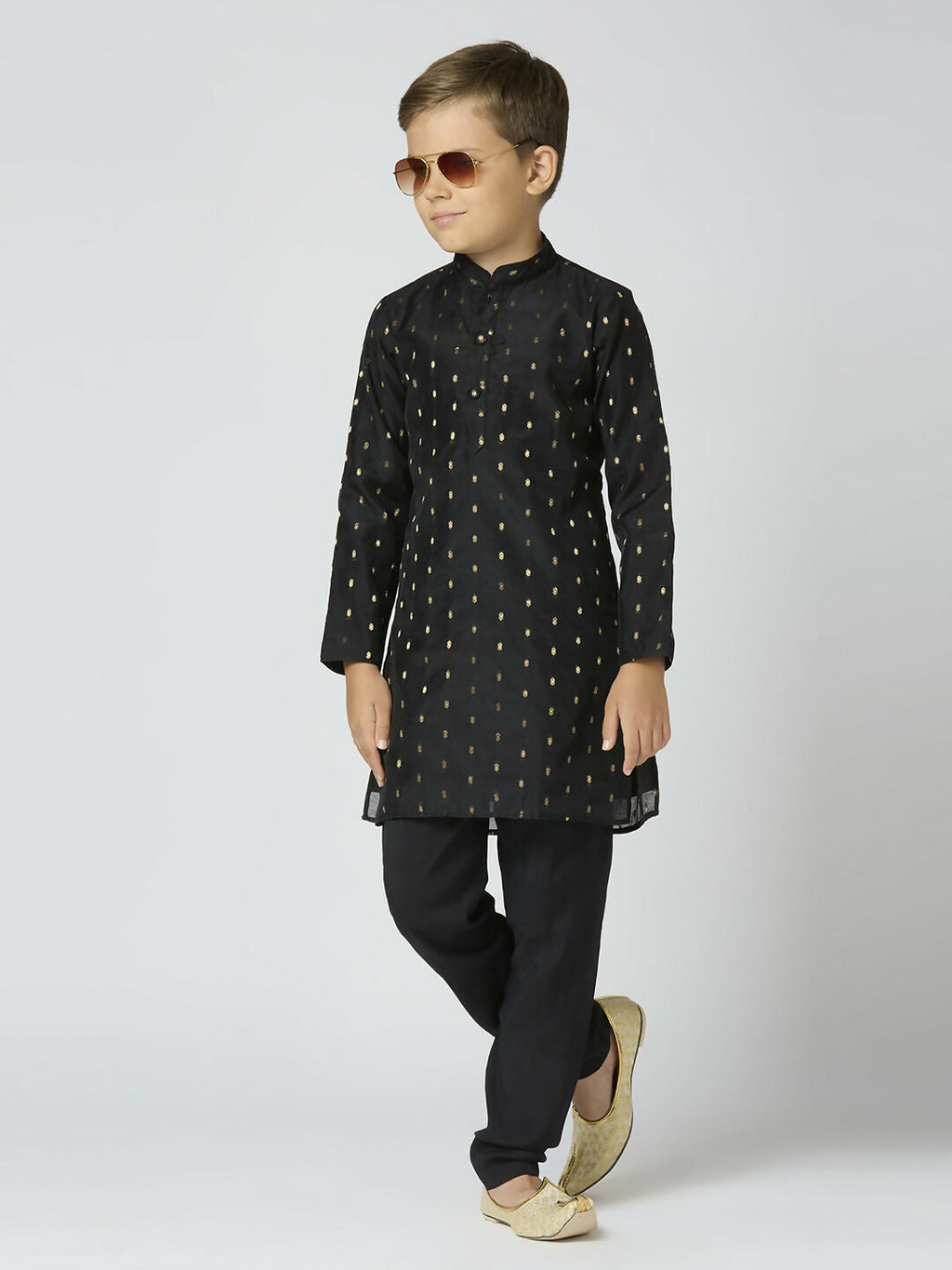Joban Fashion Kids Island Full Sleeves Chanderi Kurta, Pyjama Set with Traditional Butta Work - Black - Distacart