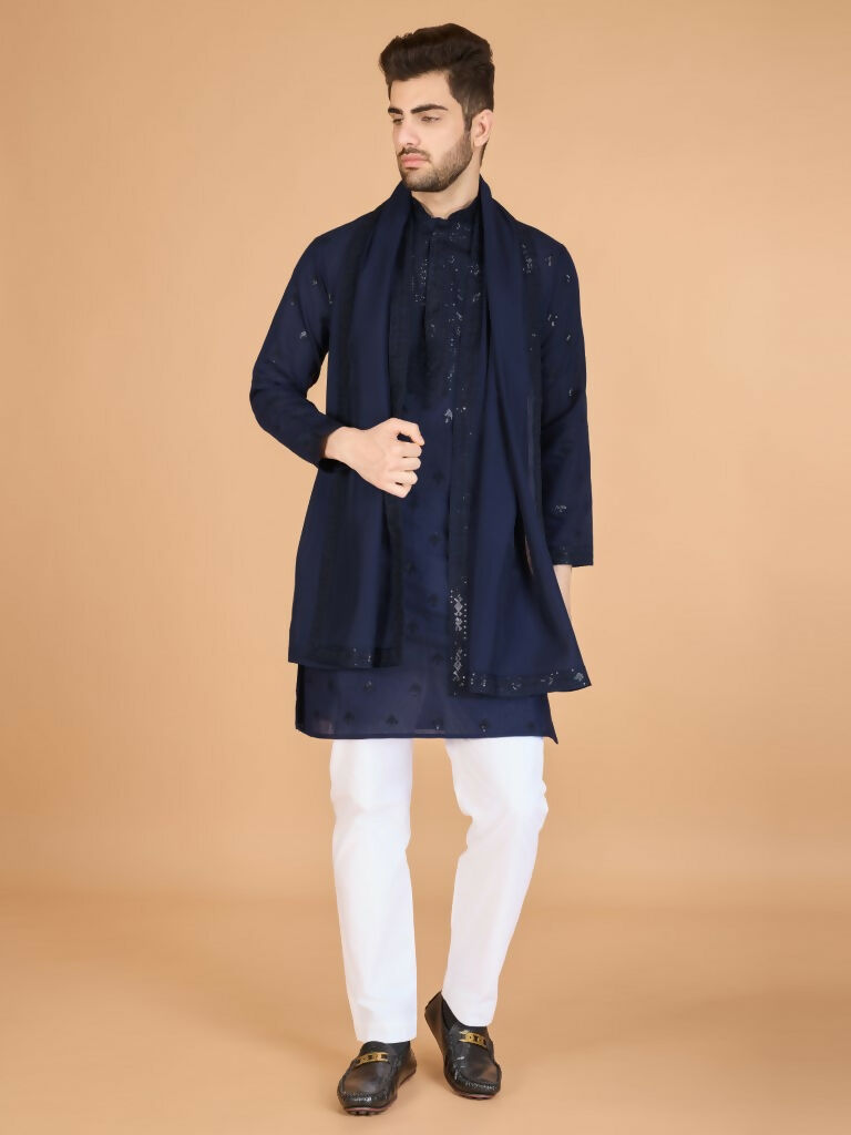 Vastranavya Navy Blue Exclusive Festival Wear Viscose Silk Thread with Sequence Embroidered Work Kurta with Dupatta