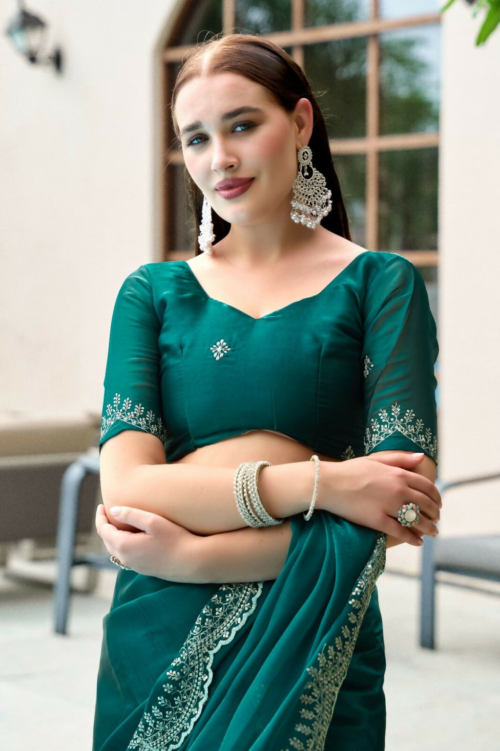 Vastranavya Rama Embroidery Work Shimmer Chiffon Saree with Unstitched Blouse - Distacart