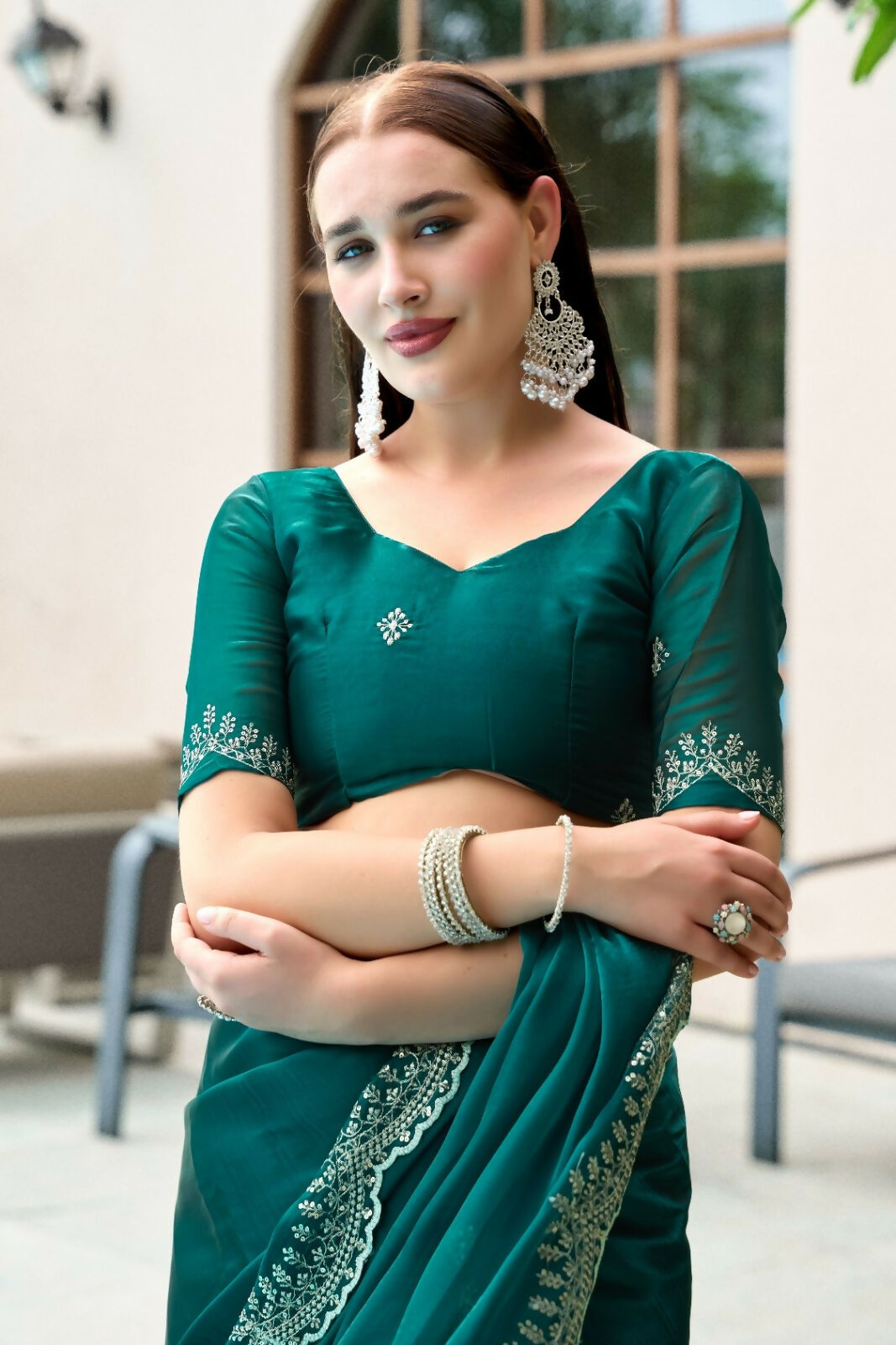 Vastranavya Rama Embroidery Work Shimmer Chiffon Saree with Unstitched Blouse - Distacart