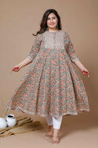 Miravan Women's Plus Size Camel Brown Gotta Patti Pure Cotton Anarkali Kurta