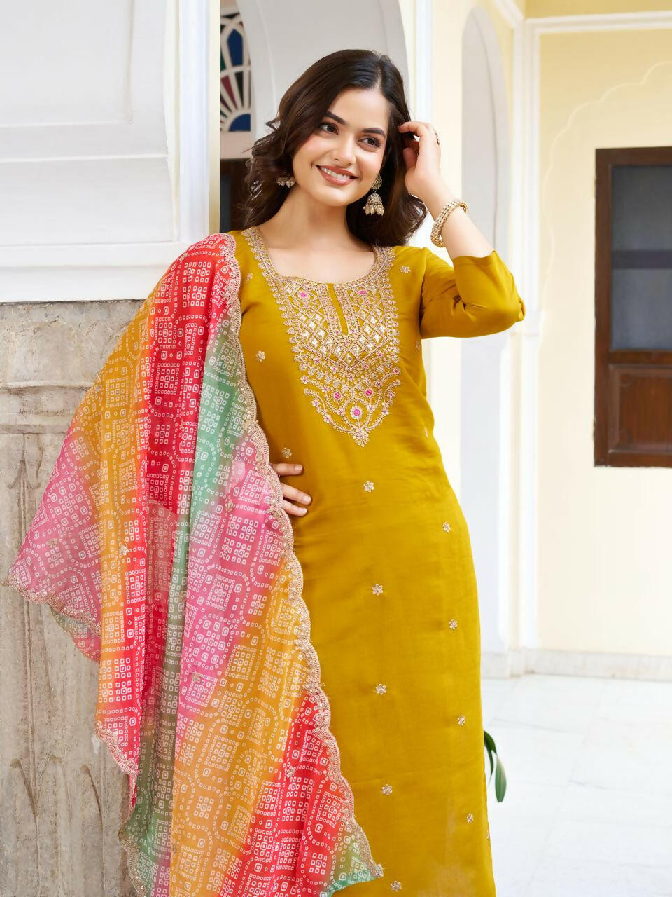 The52 Women's Beautiful Viscose Chanderi Fabric Embroidery Work Straight Kurta Pant and Dupatta Set - Distacart
