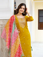 The52 Women's Beautiful Viscose Chanderi Fabric Embroidery Work Straight Kurta Pant and Dupatta Set - Distacart