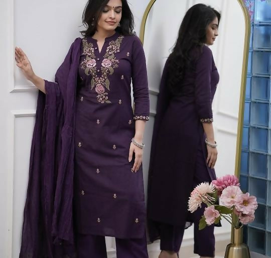 The52 Women's Beautiful Rayon Slub Fabric Embroidery Work Straight Kurta Pant and Dupatta Set - Distacart