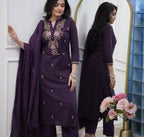 The52 Women's Beautiful Rayon Slub Fabric Embroidery Work Straight Kurta Pant and Dupatta Set - Distacart
