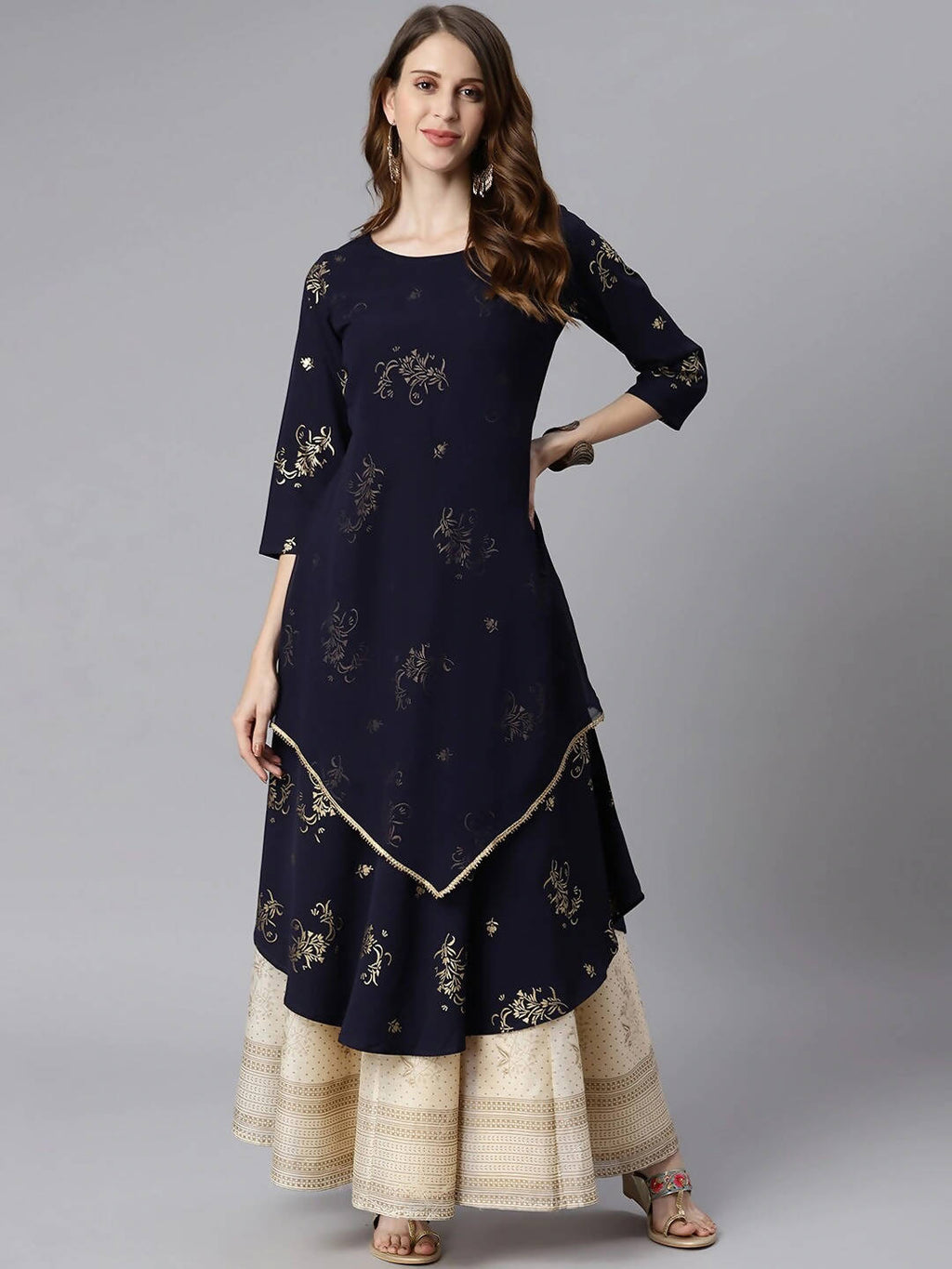 Janasya Navy Blue Quirky Embellished Crepe Anarkali Kurta - Distacart