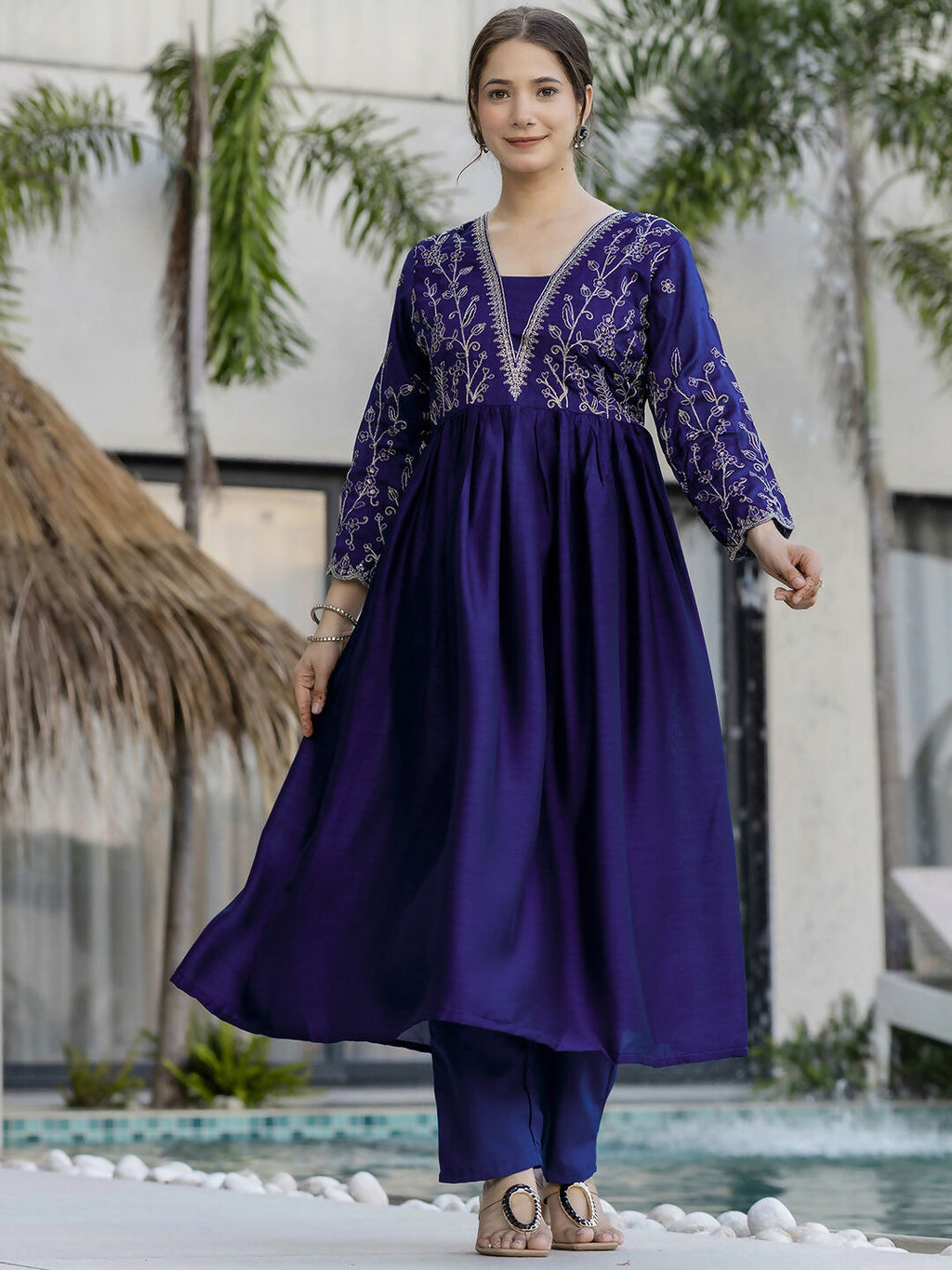 The52 Blue Women's Beautiful Embroidered Vichitra Silk Fabric with Flared Kurta, Pant and Dupatta Set - Distacart