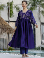 The52 Blue Women's Beautiful Embroidered Vichitra Silk Fabric with Flared Kurta, Pant and Dupatta Set - Distacart