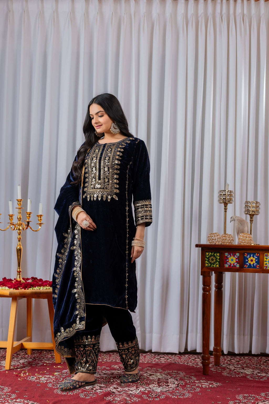 Teeya Creation Blue Color Velvet Designer Embroidery Work party Wear Suit - Distacart