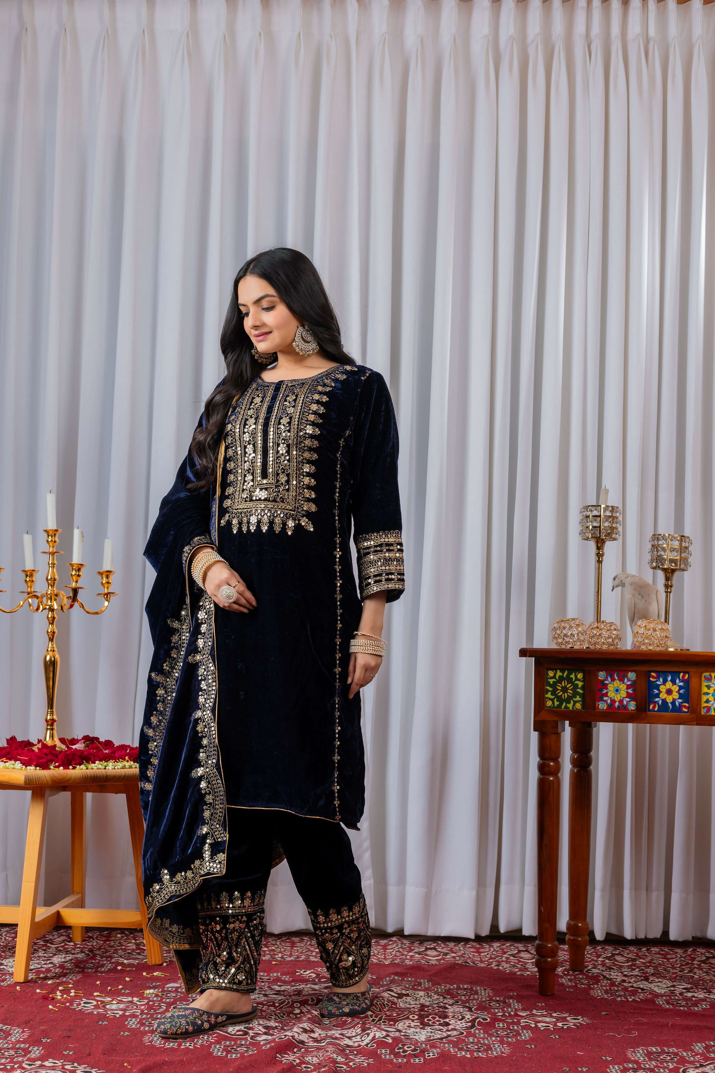 Teeya Creation Blue Color Velvet Designer Embroidery Work party Wear Suit - Distacart
