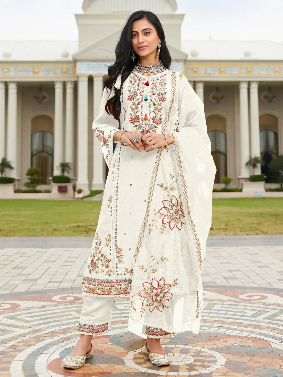 Anaita White Cotton Stitched Suit with Embroidery Viscose Multi Thread Work - Distacart
