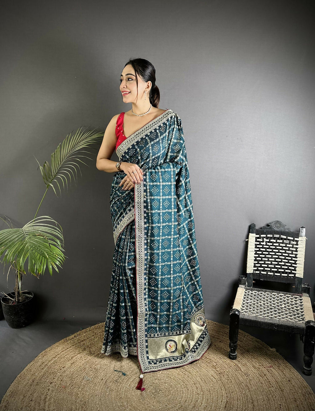 Joban Fashion Navy Blue Bandhej Bandhani Vichitra Silk Bandhani Prints Saree - Distacart