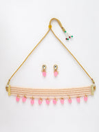 NVR Women's Pink Artificial Beads Layered Necklace with Drop Earring
