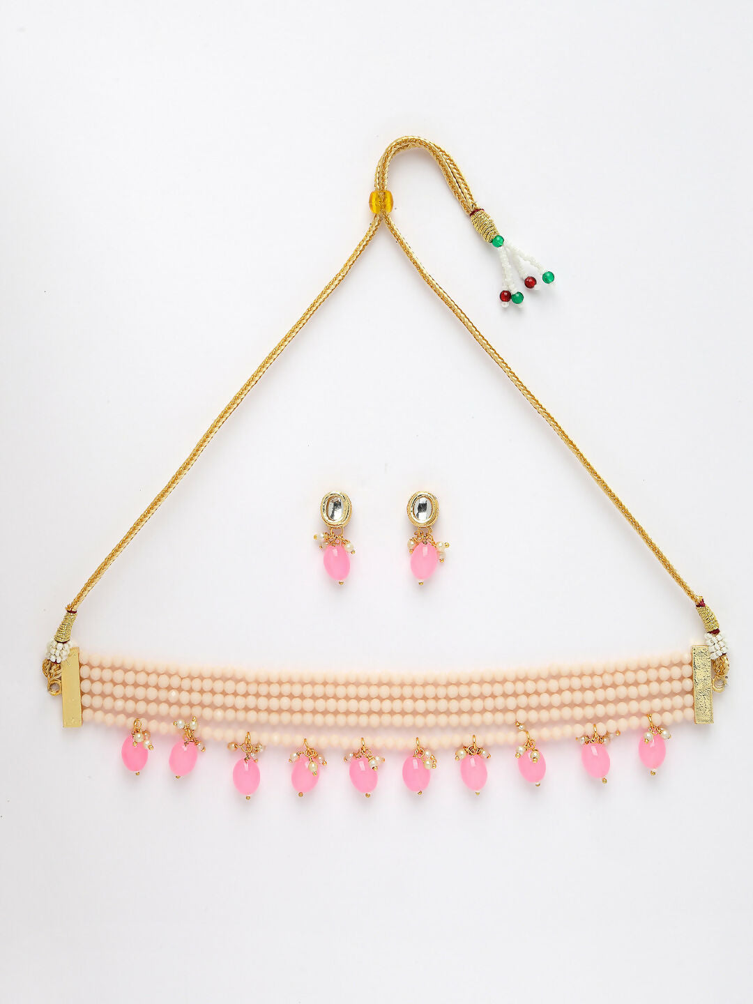 NVR Women's Pink Artificial Beads Layered Necklace with Drop Earring