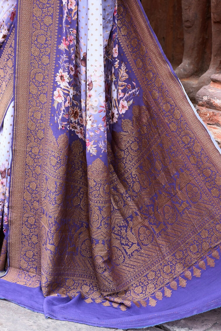 Joban Fashion Shade Of Orchid Crepe Chiffon Pure Handloom Banarasi Silk Saree