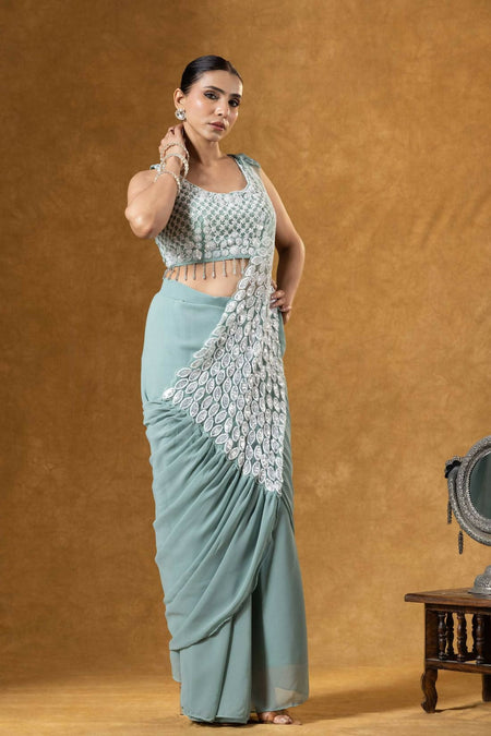Teeya Creation Teal Color Faux Georgette Embroidery Work Party Wear Ready To Wear Saree