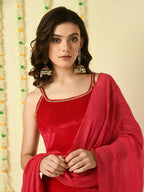 Myshka Women's Pink Velvet Kurti & Sharara With Dupatta Party Sets